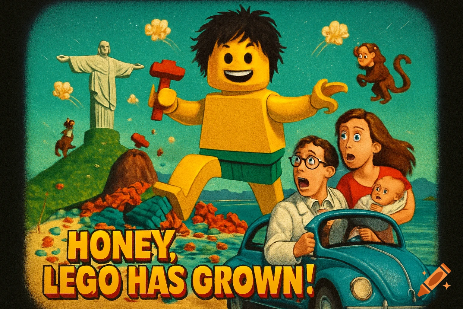 Retro movie poster of a giant Lego figure in Rio de Janeiro, family flees in car, text reads 'HONEY, LEGO HAS GROWN!'