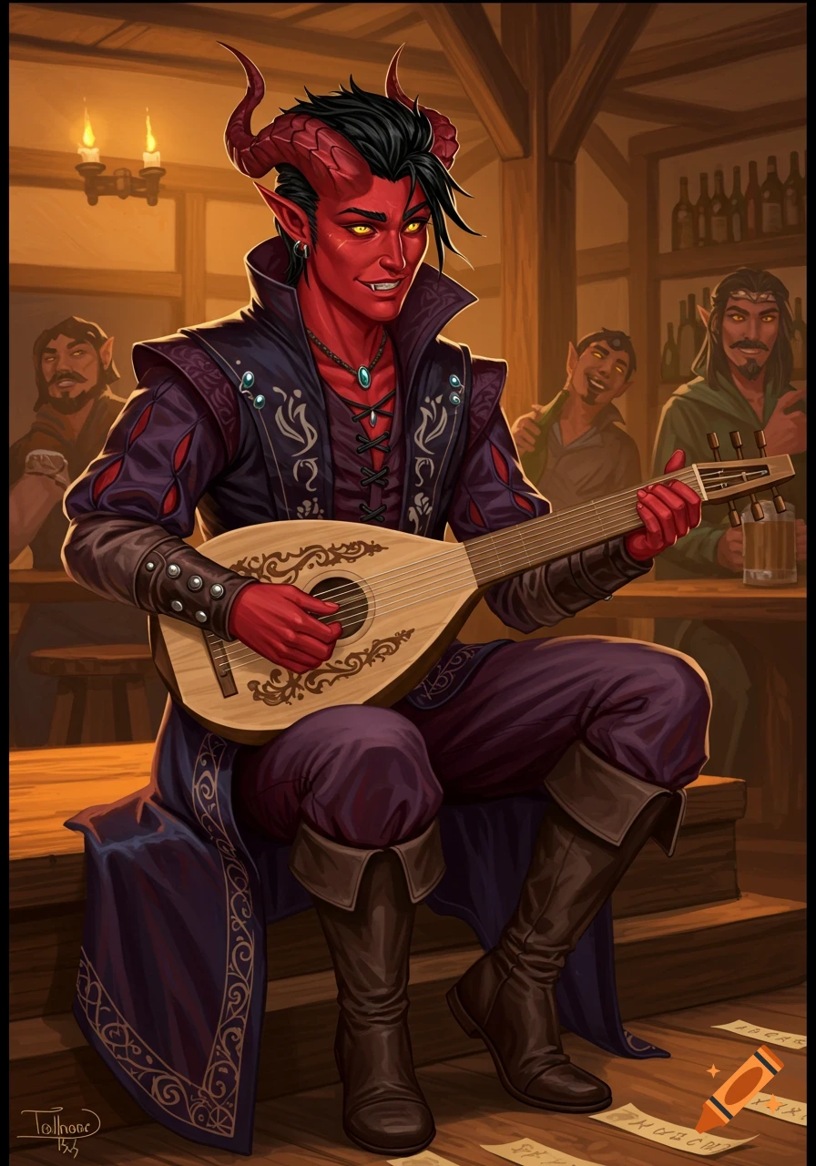 A red-skinned Tiefling bard with horns and yellow eyes plays a lute in a busy tavern.