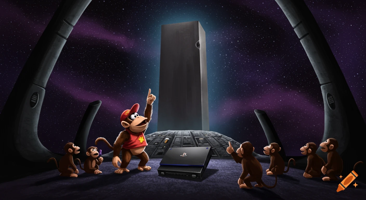 Diddy Kong and monkeys look at a PS2 console and a monolith in space.