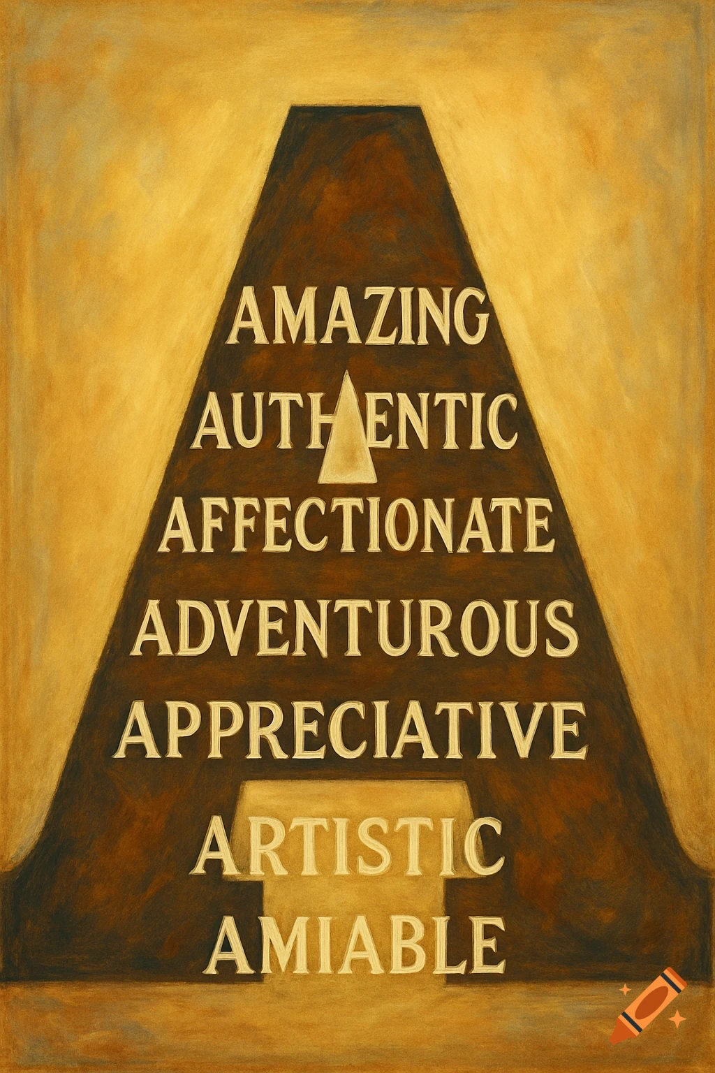 A large painted capital letter A filled with positive adjectives starting with A, such as amazing, authentic, affectionate, adventurous, appreciative, artistic, and amiable.