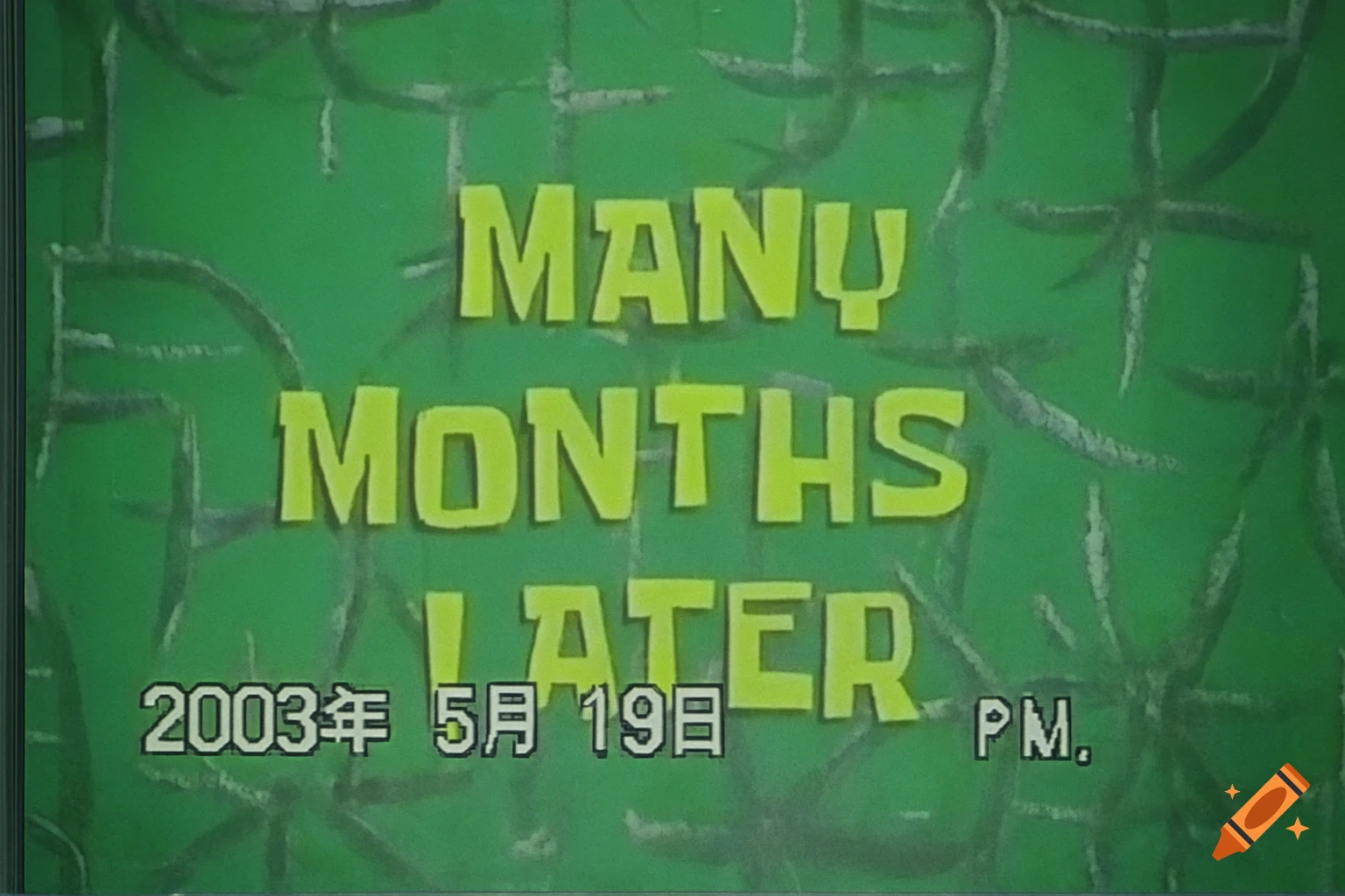 Yellow text reads "MANY MONTHS LATER" above white text displaying the date "2003年 5月 19日 PM." on a green background with grey vine-like patterns, stylized as a VHS time card.