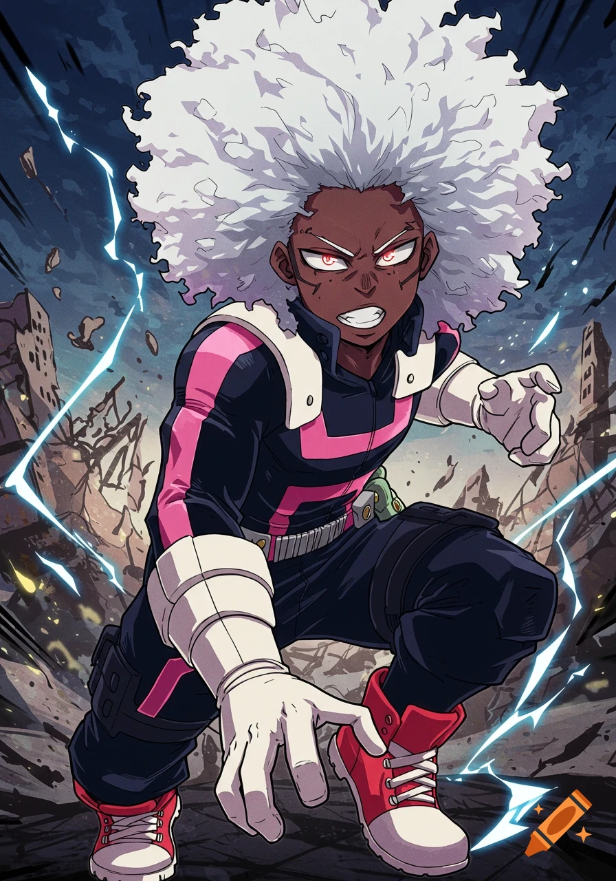 Anime character with white curly hair in a hero costume in a destroyed city with lightning effects.