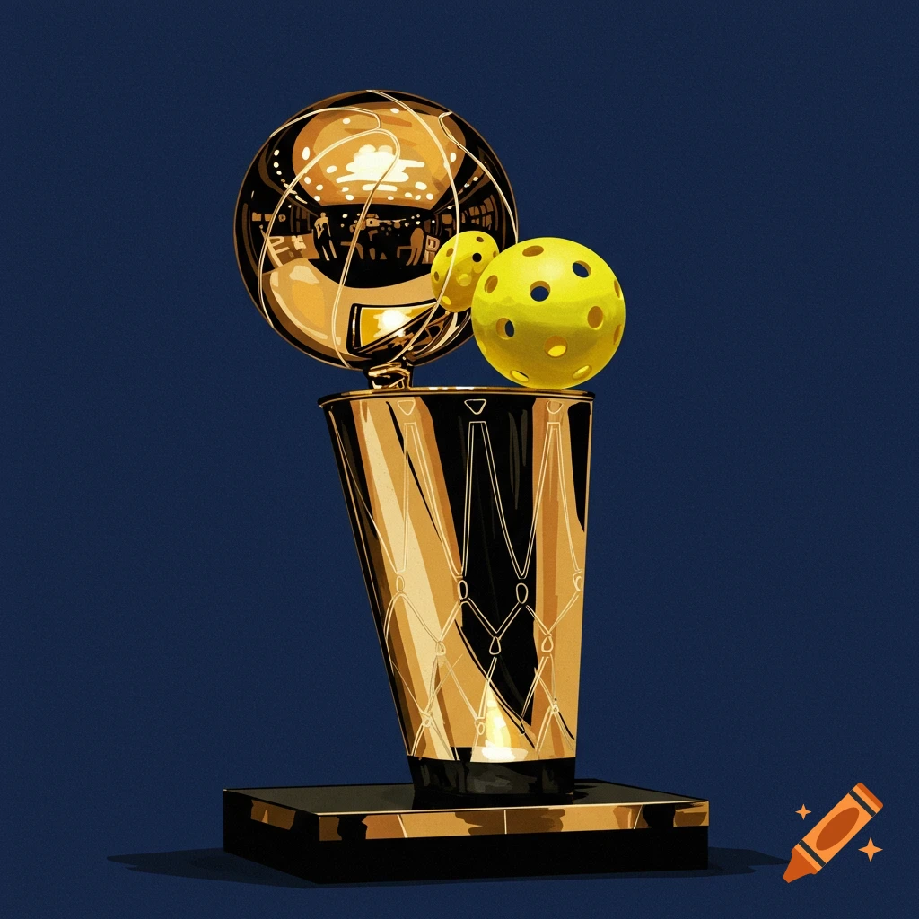 Golden trophy with pickleballs against a blue background, illustrative style.