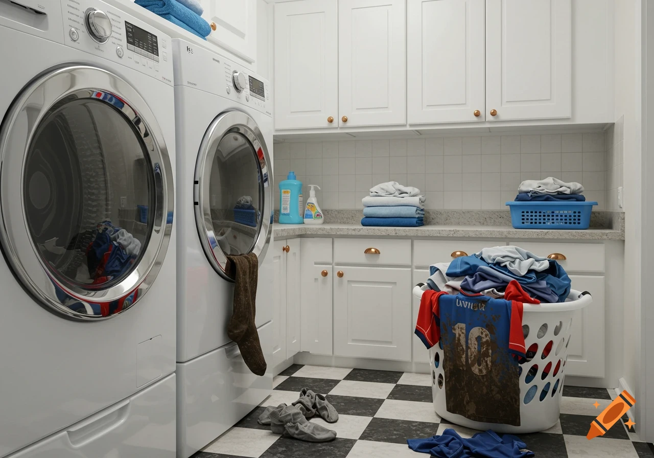 A clean laundry room with white machines, cabinets, counters, a hamper full of clothes, and a checkered floor.