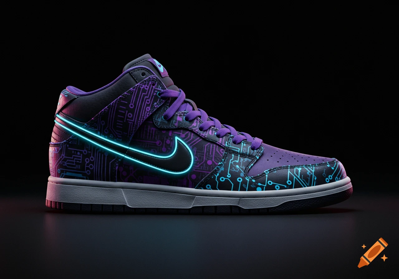 A cyberpunk style sneaker with glowing circuit patterns and neon lights in a studio shot.