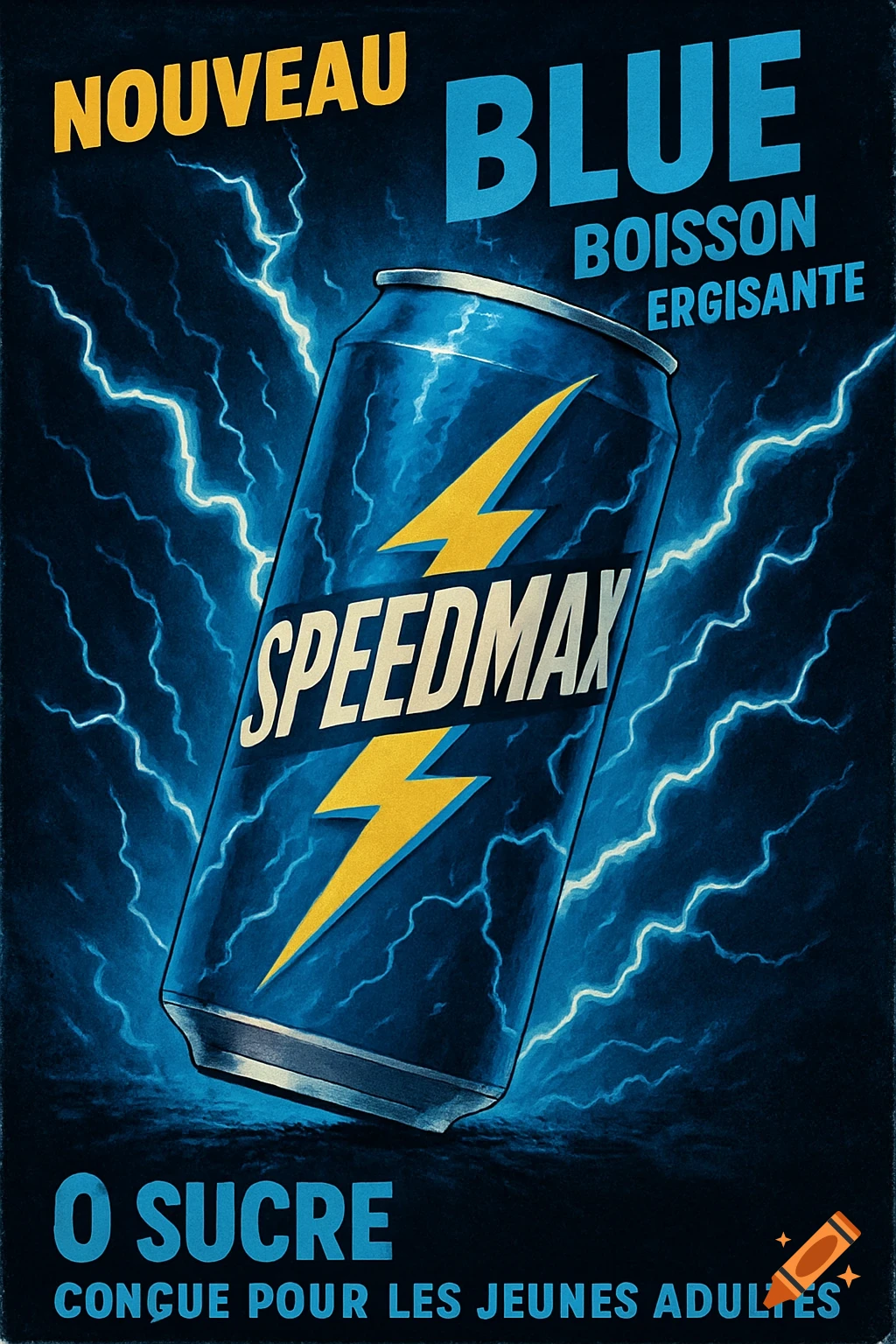Advertisement poster for a blue Speedmax energy drink can with lightning bolts.