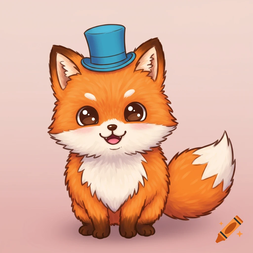 A cute cartoon fluffy fox wears a blue top hat.