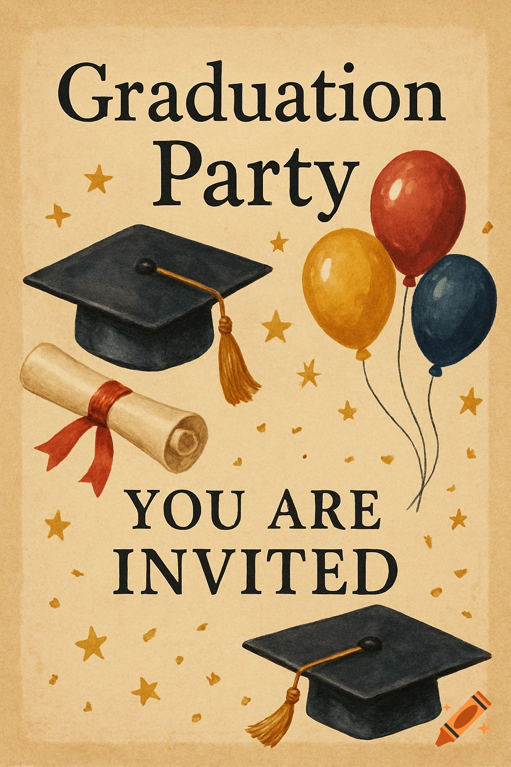 Watercolor style graduation party invitation with graduation caps, a diploma, balloons, and text on a textured background.