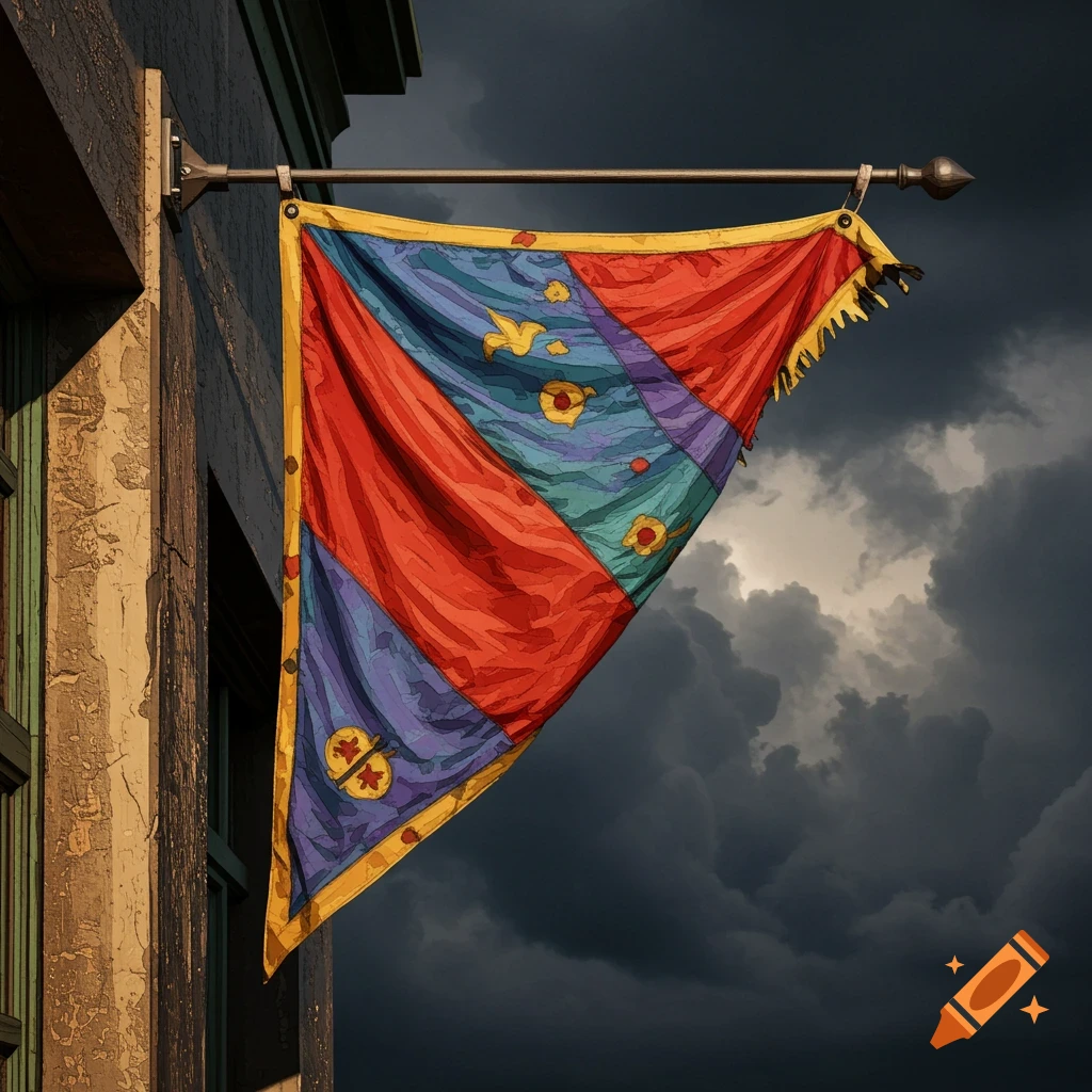 A colorful flag hangs from a building under a stormy sky.