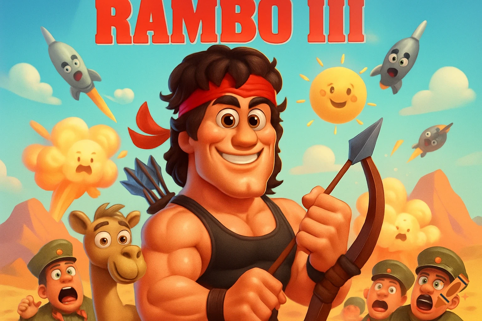 Cartoon Rambo III movie poster in Pixar style with muscled Rambo, bow, smiling sun, surprised soldiers, camel, cartoon explosions, and missiles.