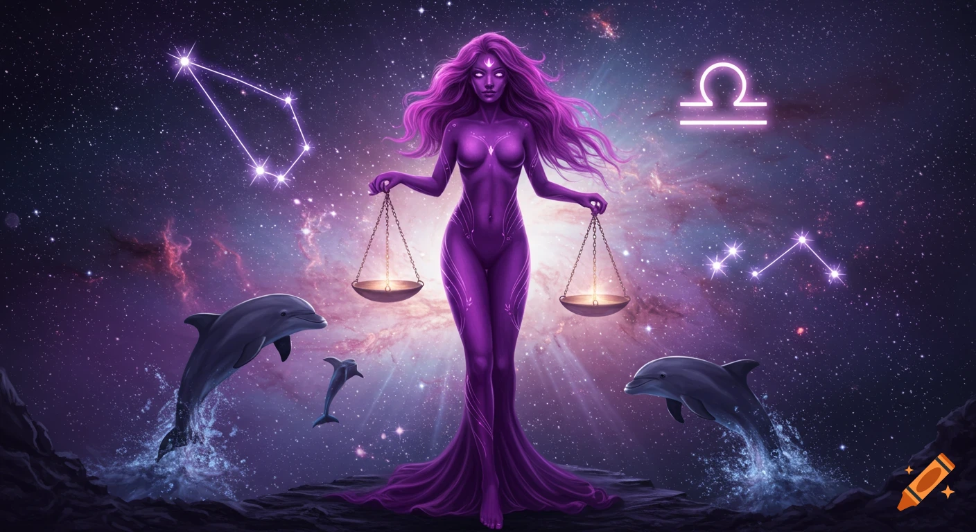 A purple goddess representing Libra stands holding scales in a cosmic sky with dolphins, stars, and constellations.