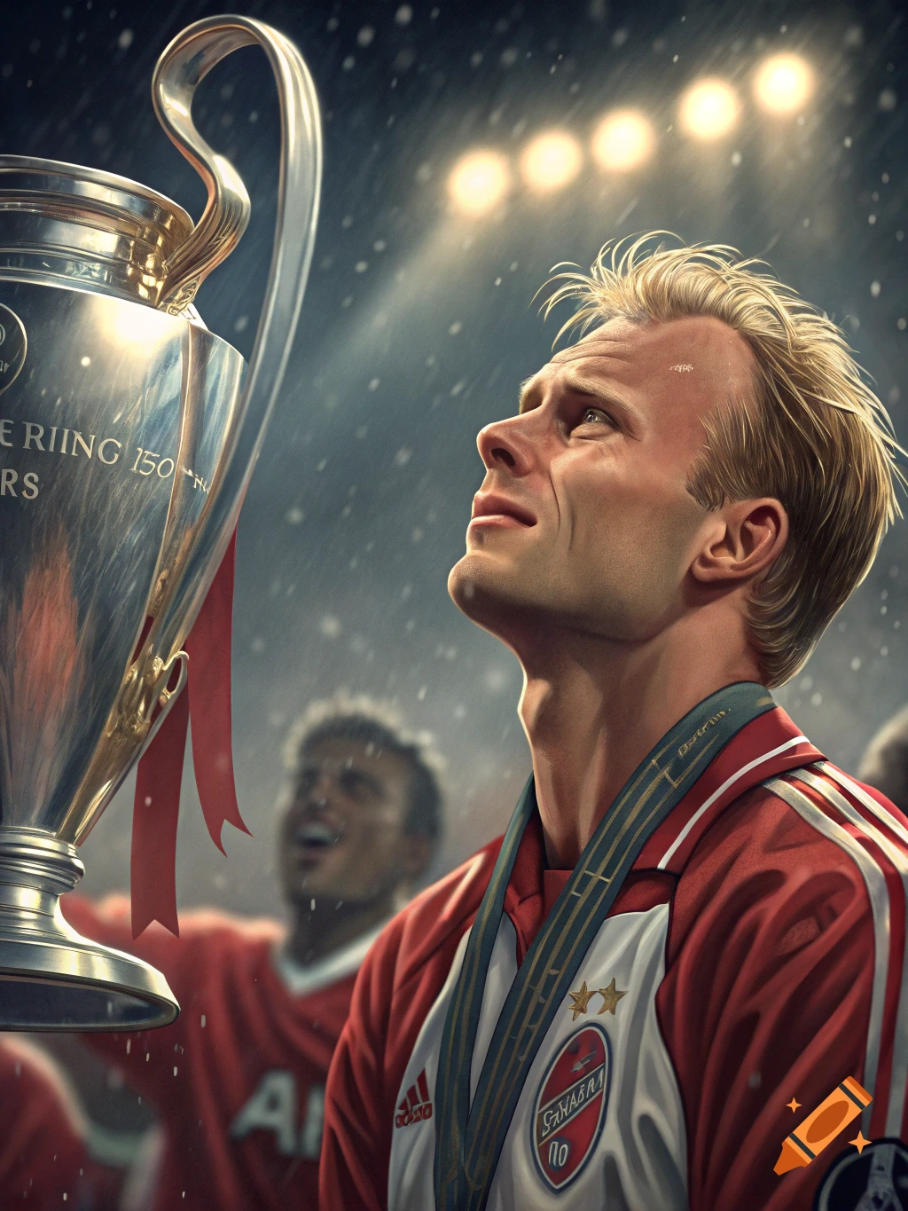 Footballer looks tearfully at a large trophy in a stadium.