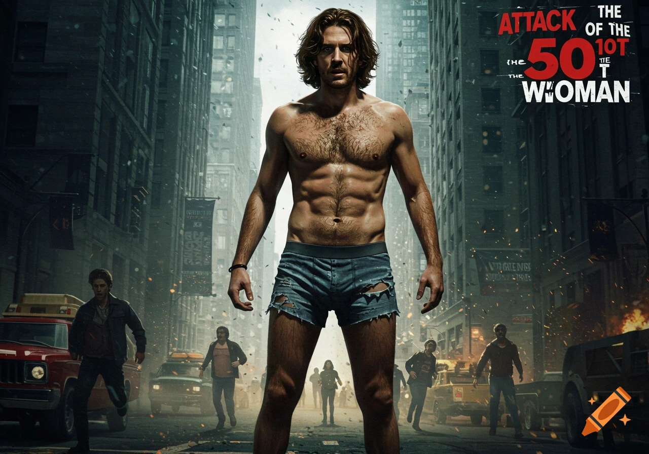 A giant muscular man in ripped denim shorts stands in a city street while civilians run from him. Text in the corner reads "ATTACK OF THE..."