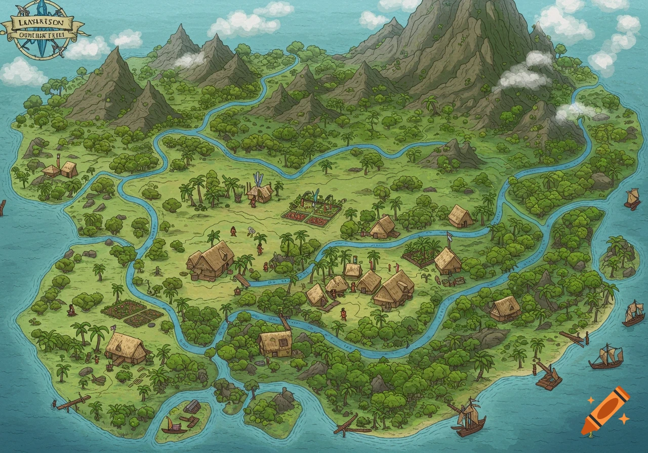 Illustrated map of a tropical island with rivers, mountains, jungle, a village, and boats.