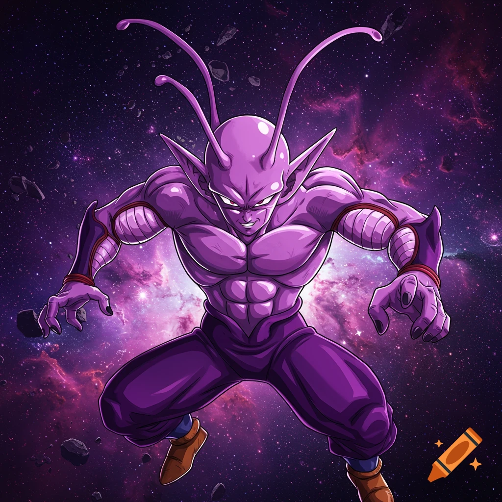 A muscular purple anime character resembling Piccolo is in a dynamic pose against a purple galaxy background.