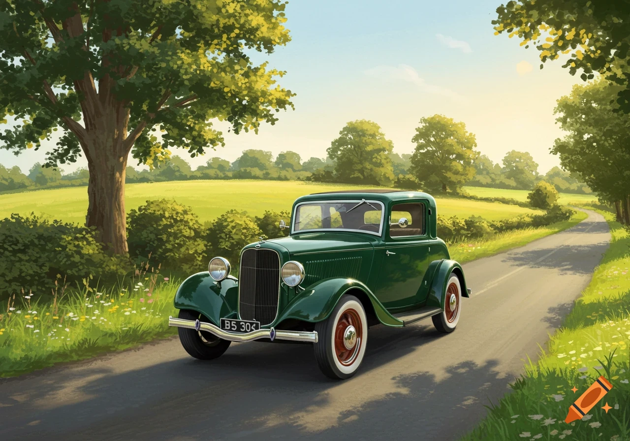 A vintage green car drives down a sunny country road in an illustration style.