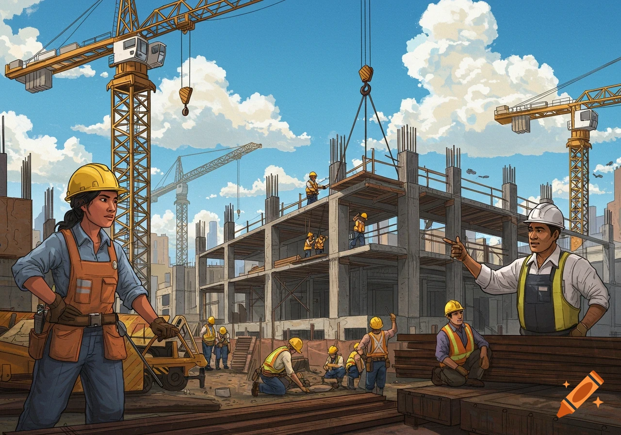 Illustration of workers building a structure with cranes on a construction site under a blue sky.