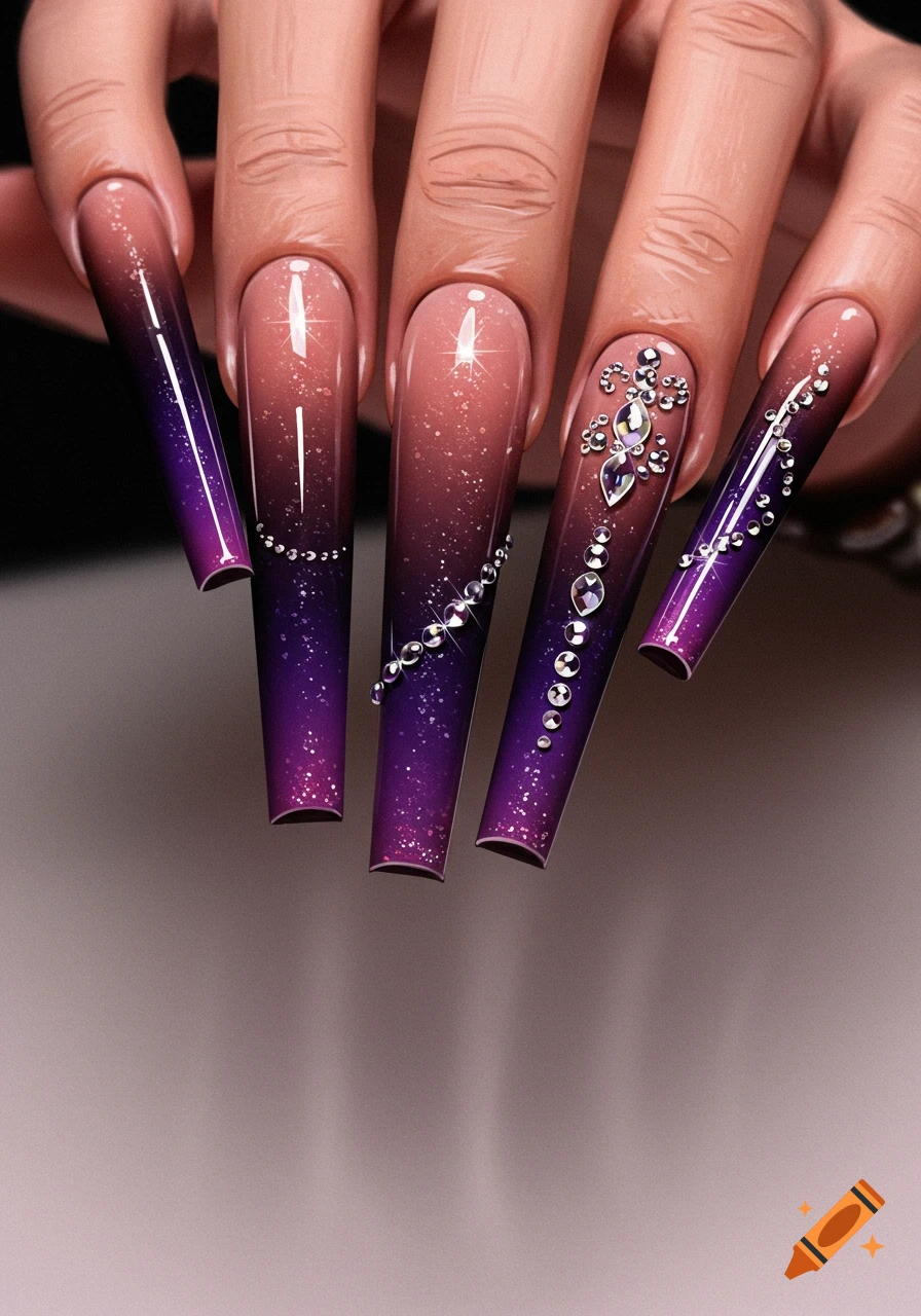 Close-up of long acrylic nails with a pink to purple gradient, glitter, and rhinestone embellishments.