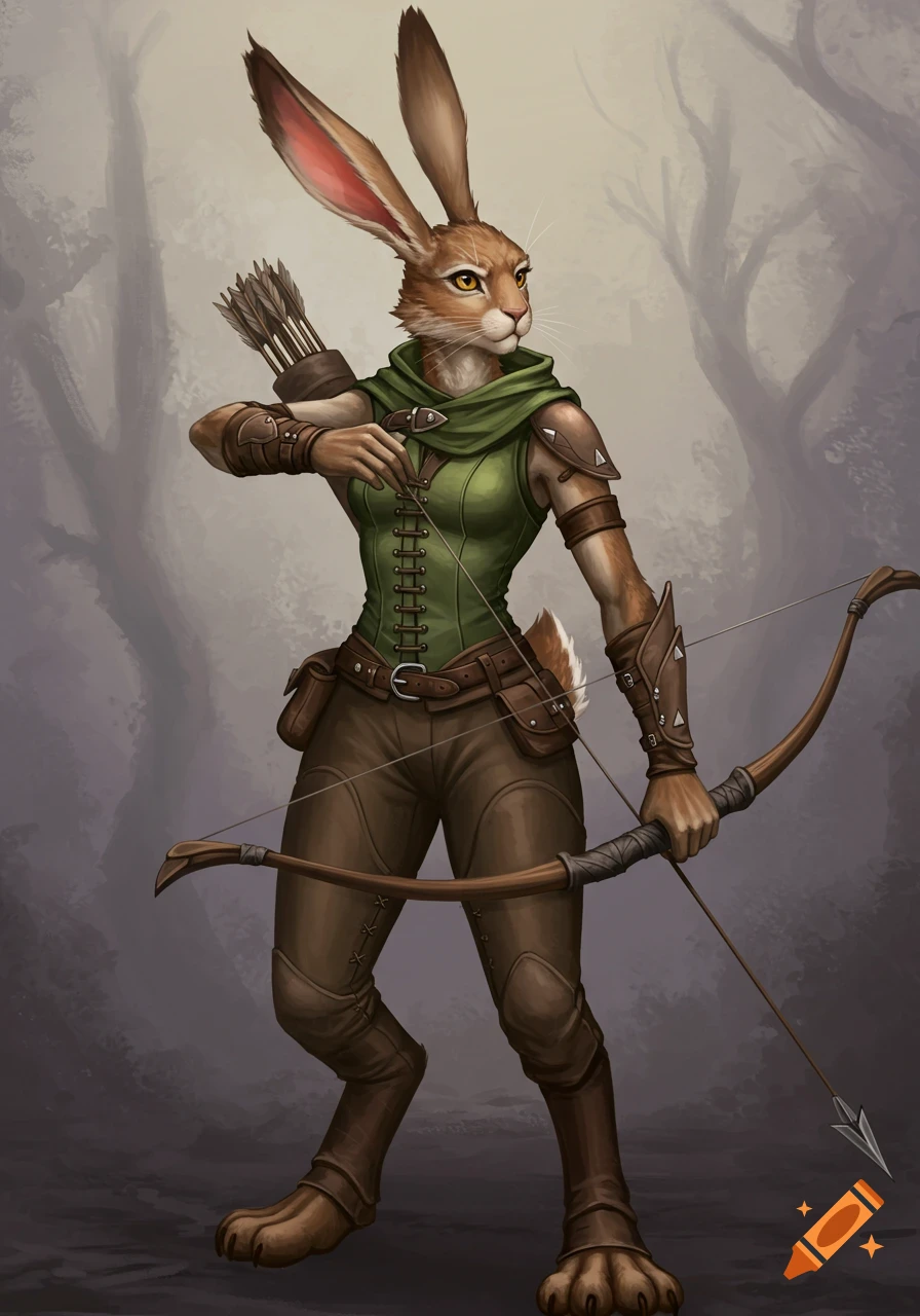 A fantasy illustration of a female harefolk archer preparing to shoot a bow and arrow.