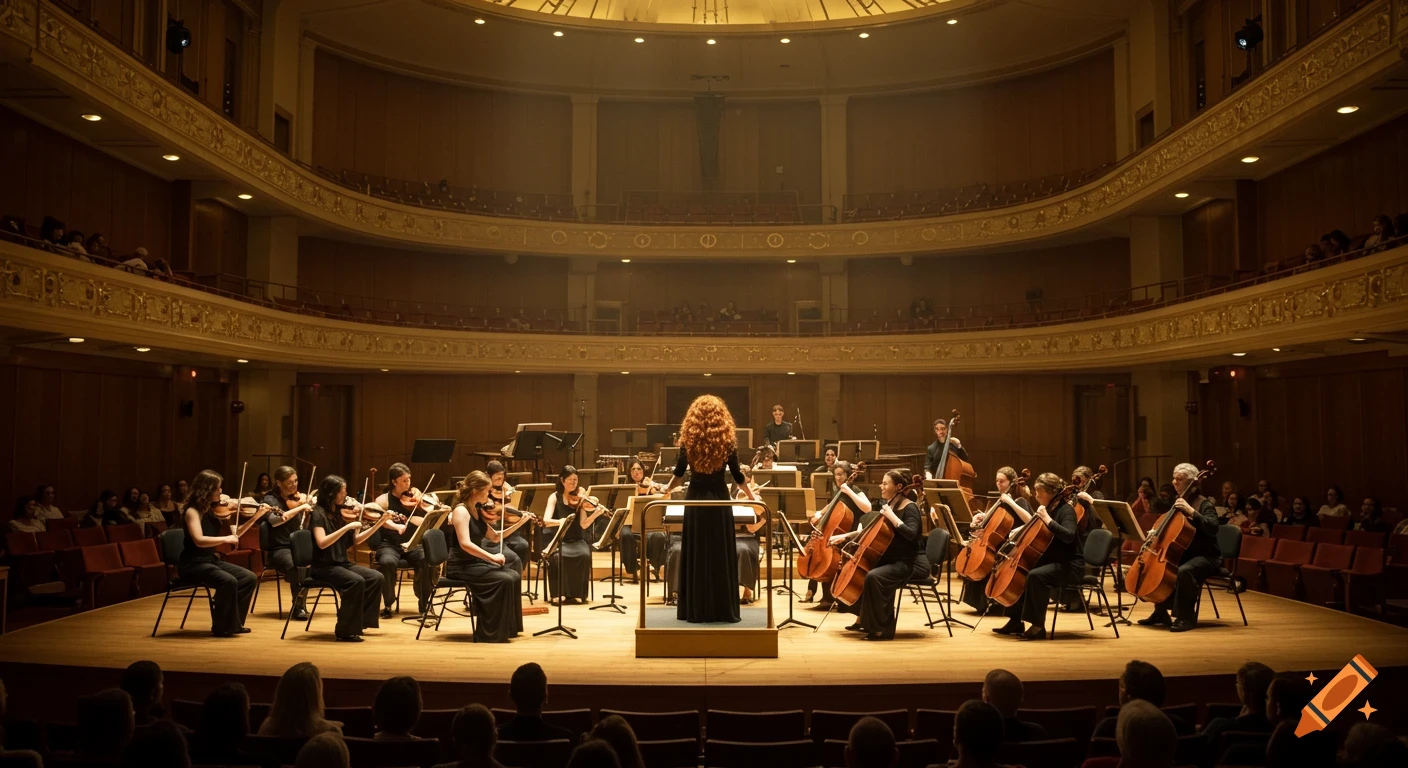 An orchestra performs on stage in a large concert hall with a conductor.