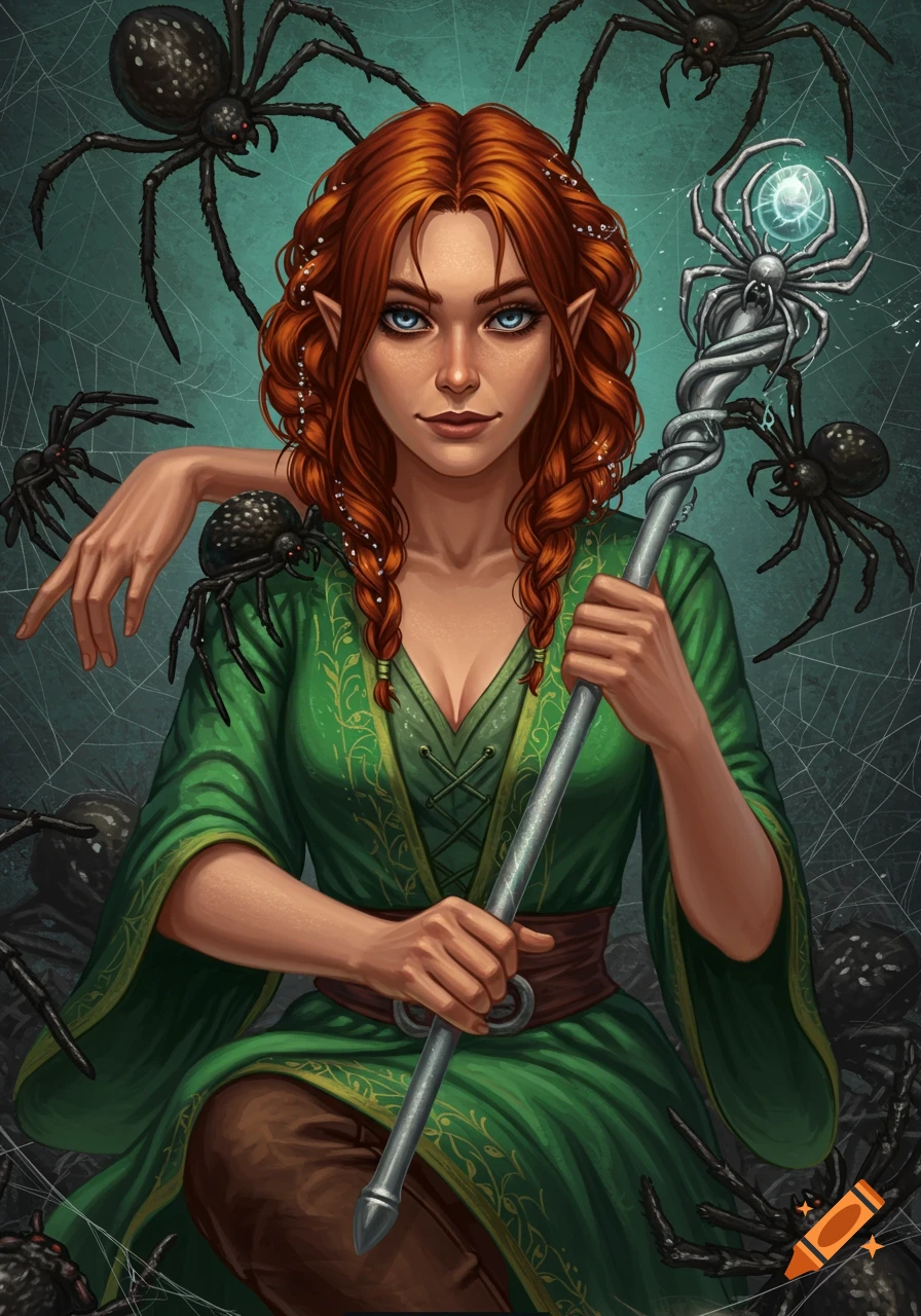 Digital painting of a red-haired fantasy woman with elf ears holding a staff, surrounded by spiders.