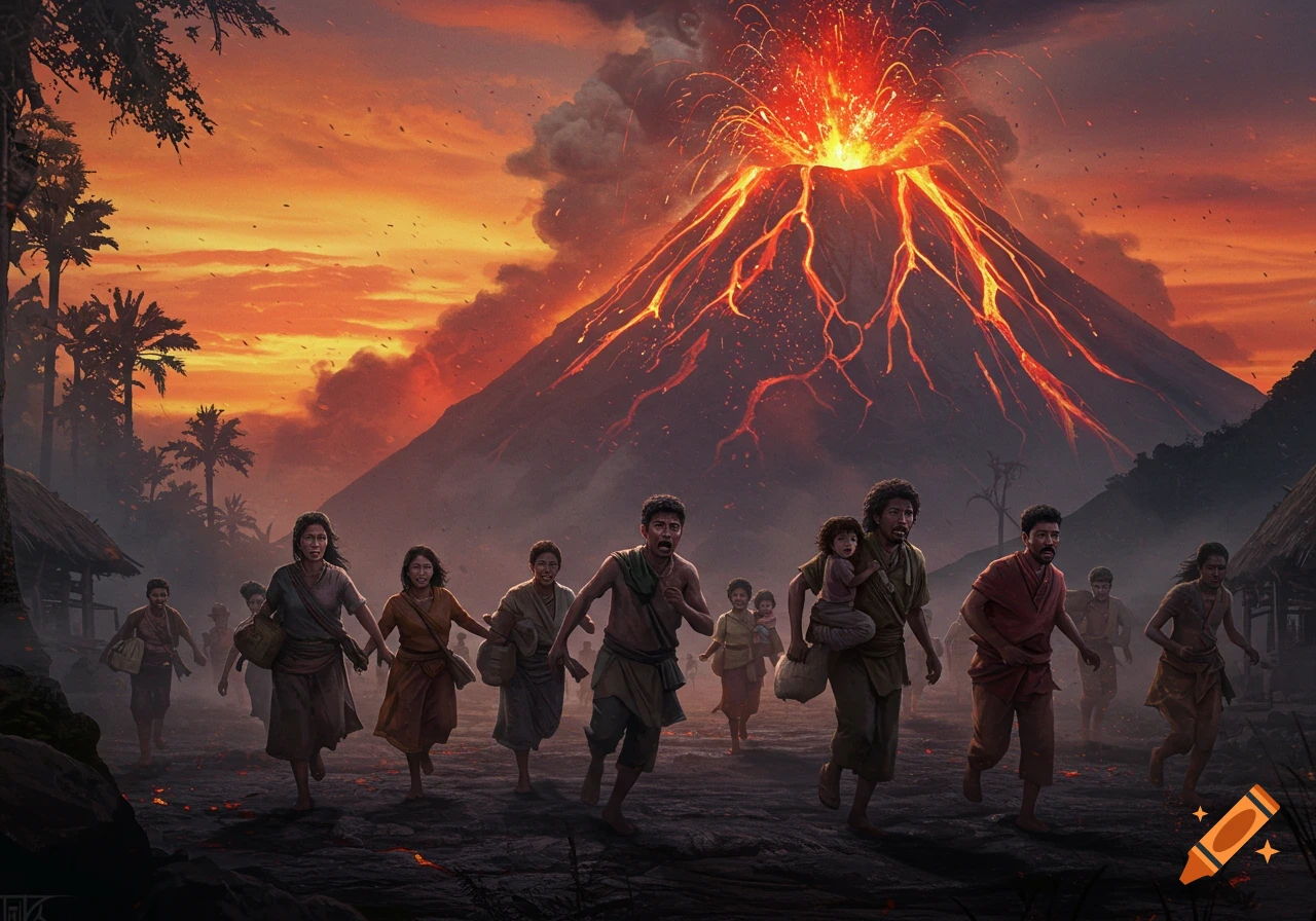 People run in fear from a large volcano erupting under a vibrant orange and red sky.