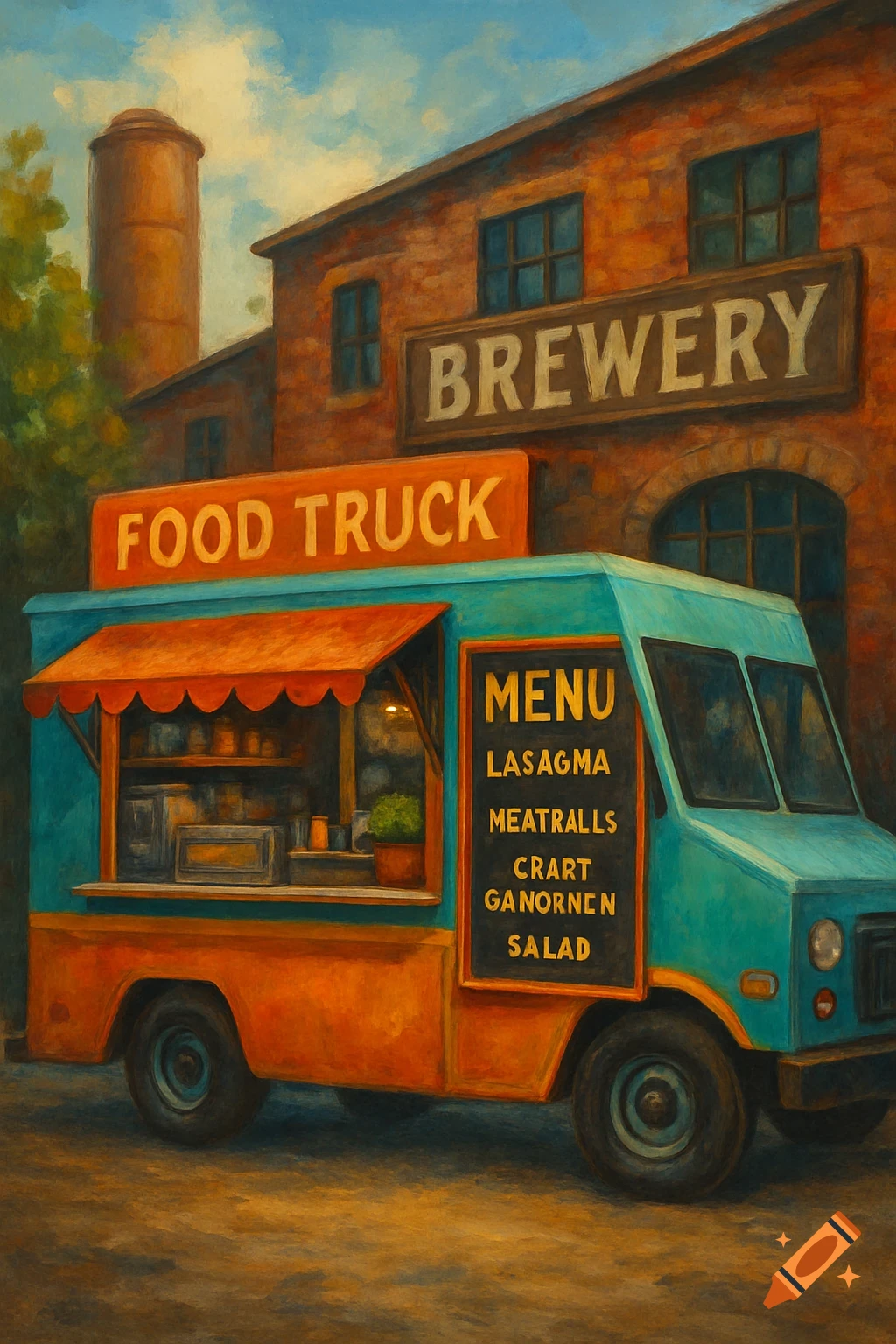 A painterly depiction of a colorful food truck parked outside a brick brewery building.