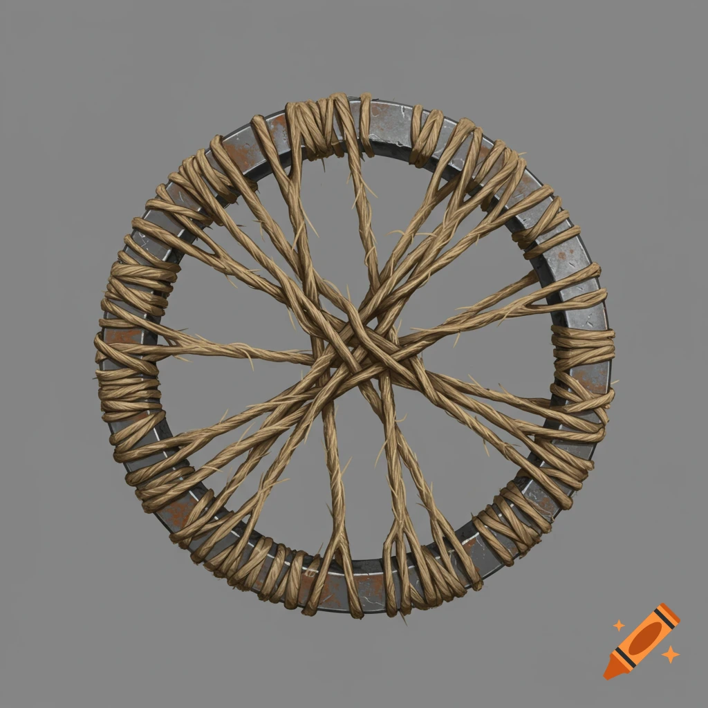 A flat metal ring wrapped tightly in brown twine against a grey background.