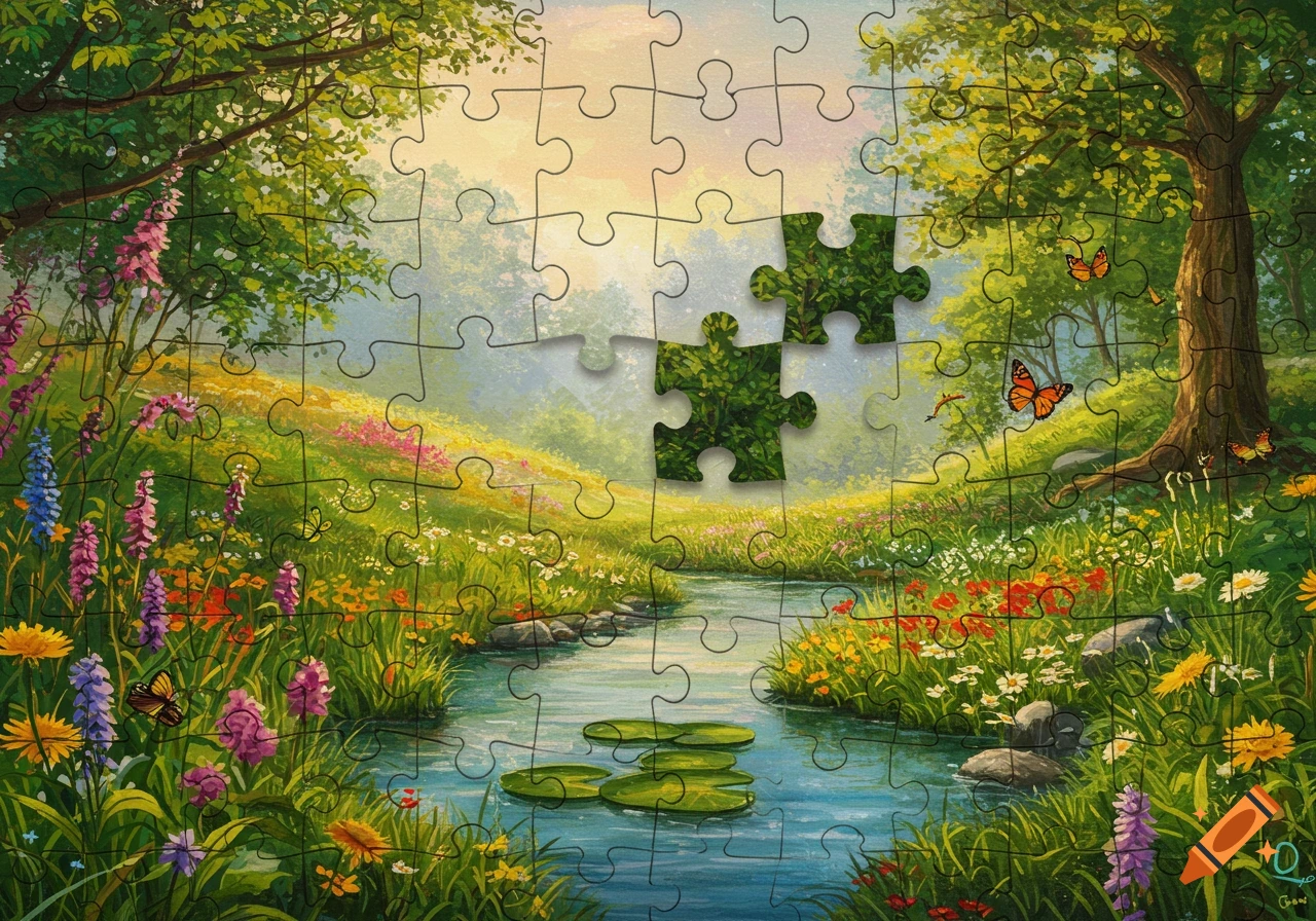Nature puzzle with two missing pieces showing a stream and flowers