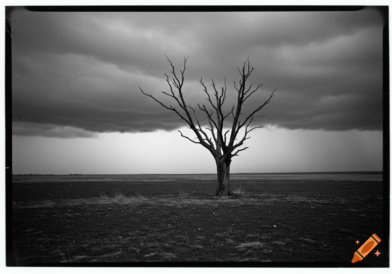 A dead tree stands alone in a bleak, flat landscape under dark stormy clouds.
