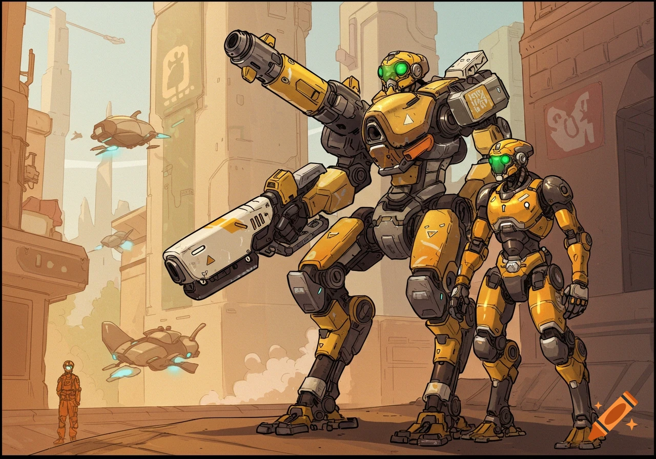 Yellow mechs and human in futuristic city with flying vehicles, line art style.