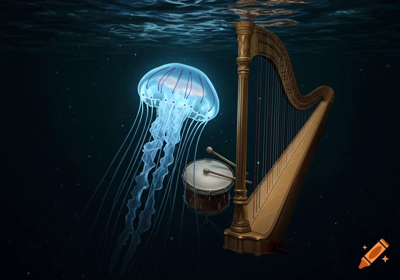 A glowing jellyfish, a drum, and a harp underwater in bioluminescent water.