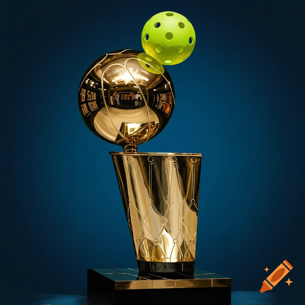 Gold trophy with a pickleball on top against a blue background.