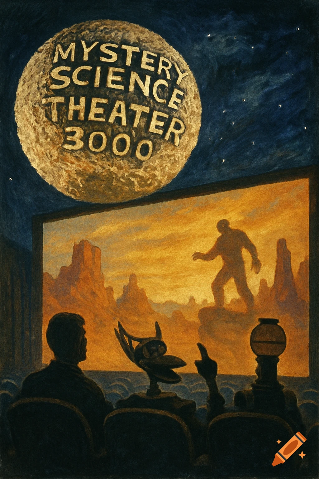 Painted illustration of figures watching a movie, with a moon labeled 'Mystery Science Theater 3000' above.