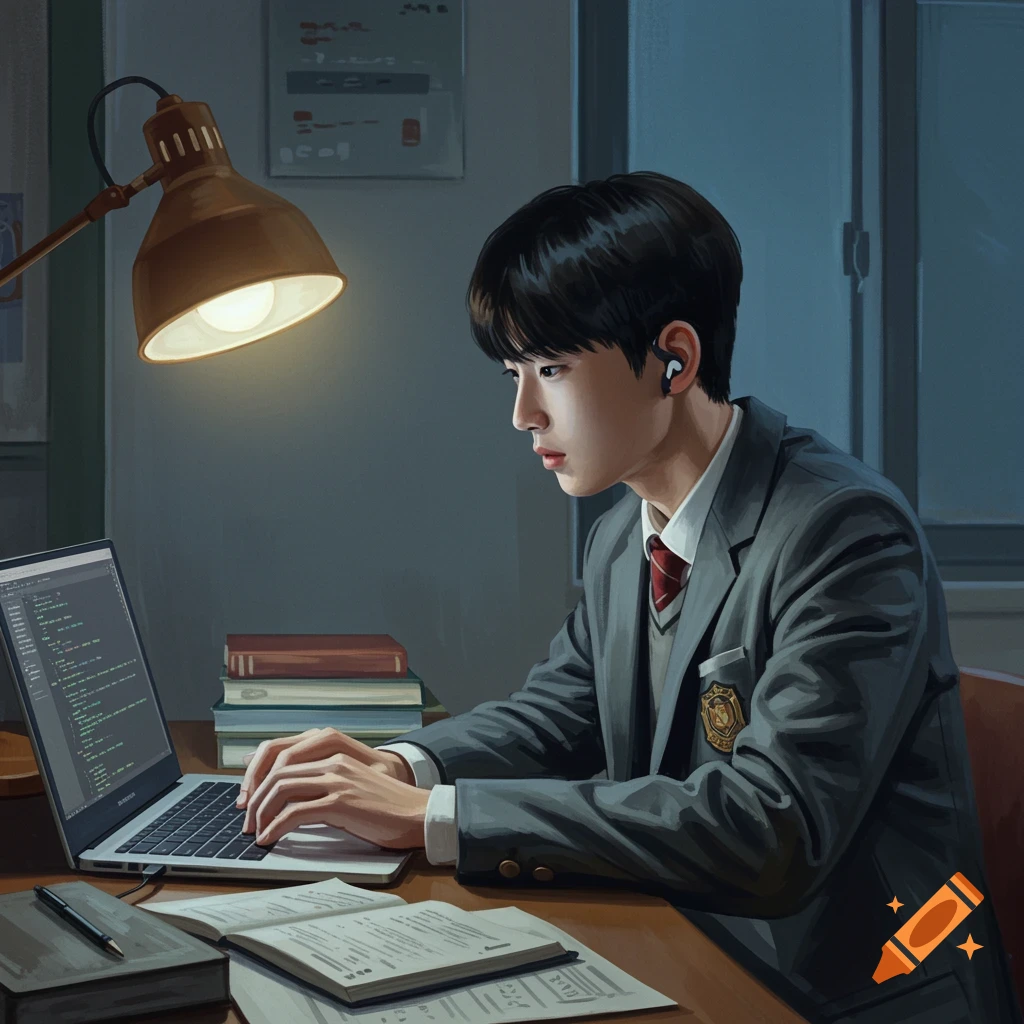 A male student in a school uniform works on a laptop at a desk, with books and a lamp.