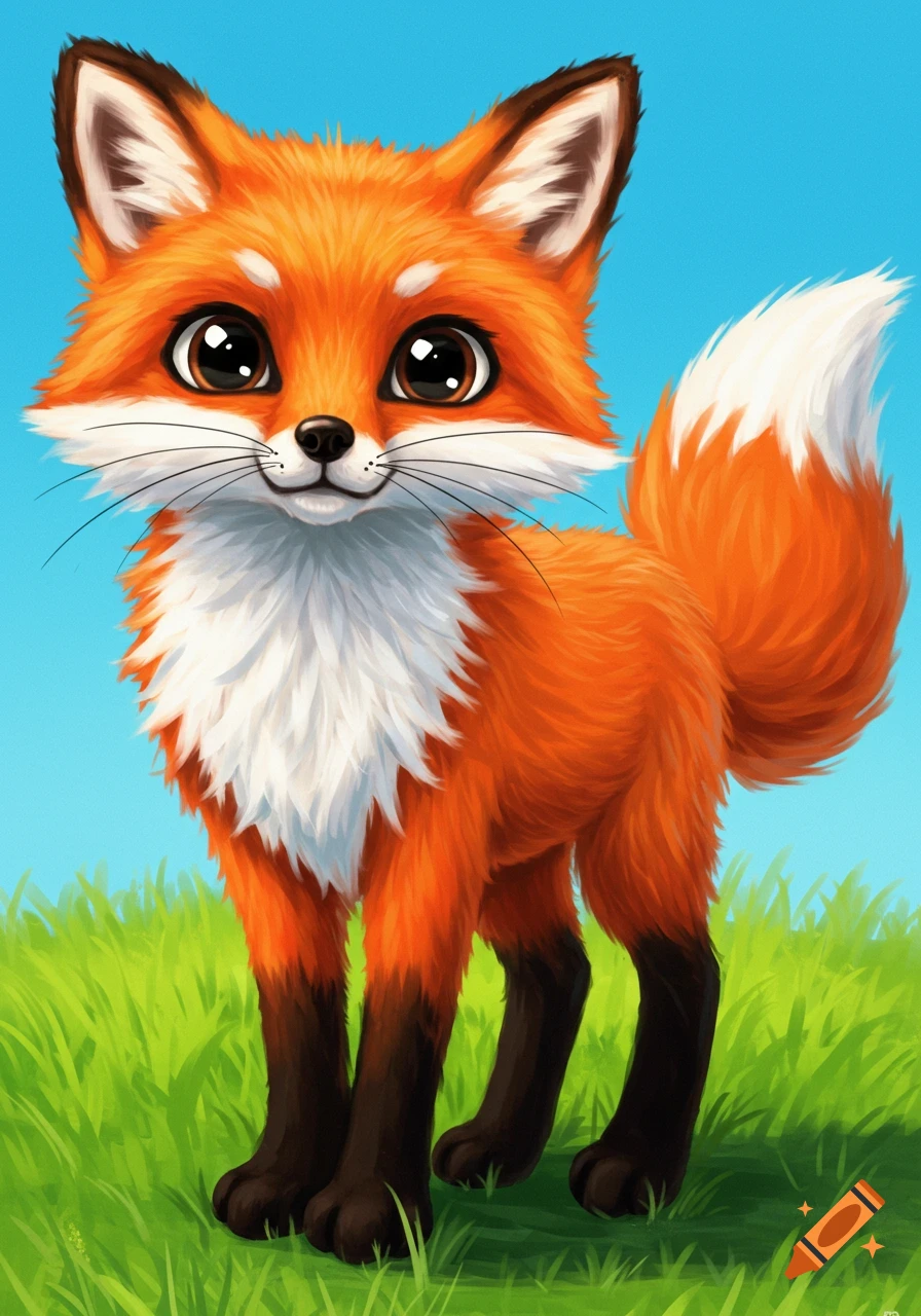 A cute cartoon fox stands in green grass under a blue sky.