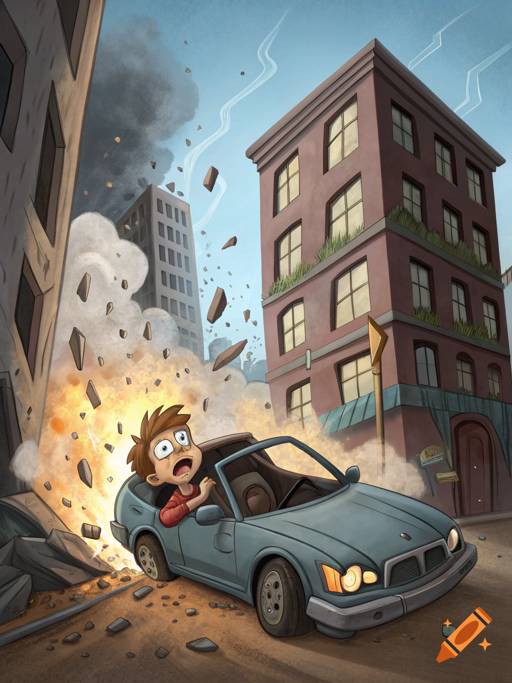 Cartoon boy in a car crashes into buildings during an explosion, debris flying.