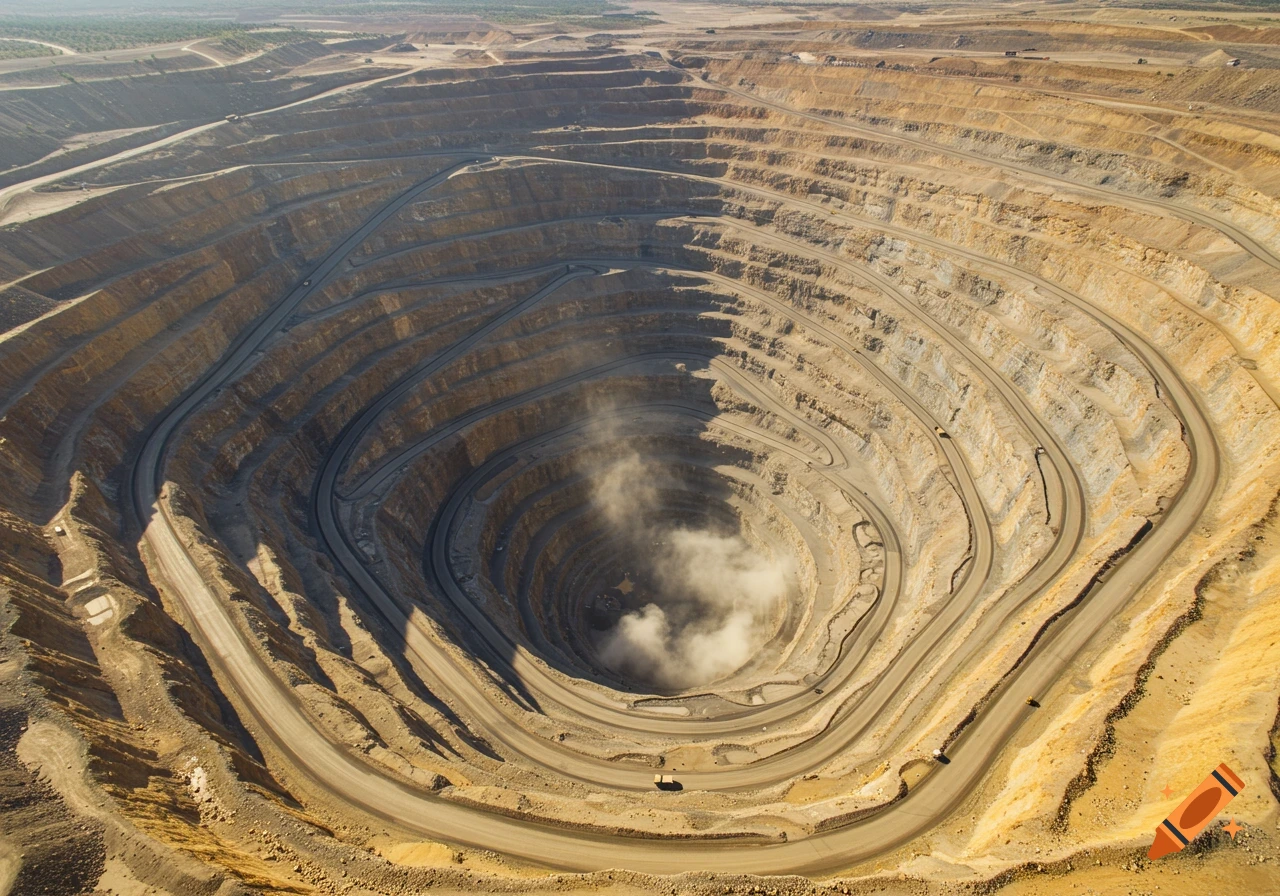 Aerial view of a large, deep open-pit mine with truck roads winding down the terraced walls.