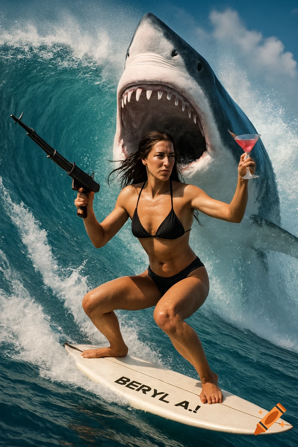Woman surfs a huge wave holding a cocktail and gun with a shark behind her, text 'BERYL A.!' on the board