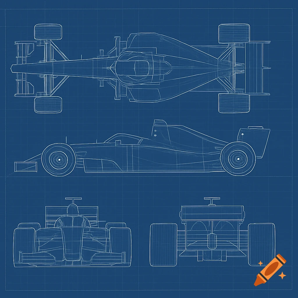 Blueprint drawing of a Formula 1 racecar showing top, side, front, and rear views on a blue grid.