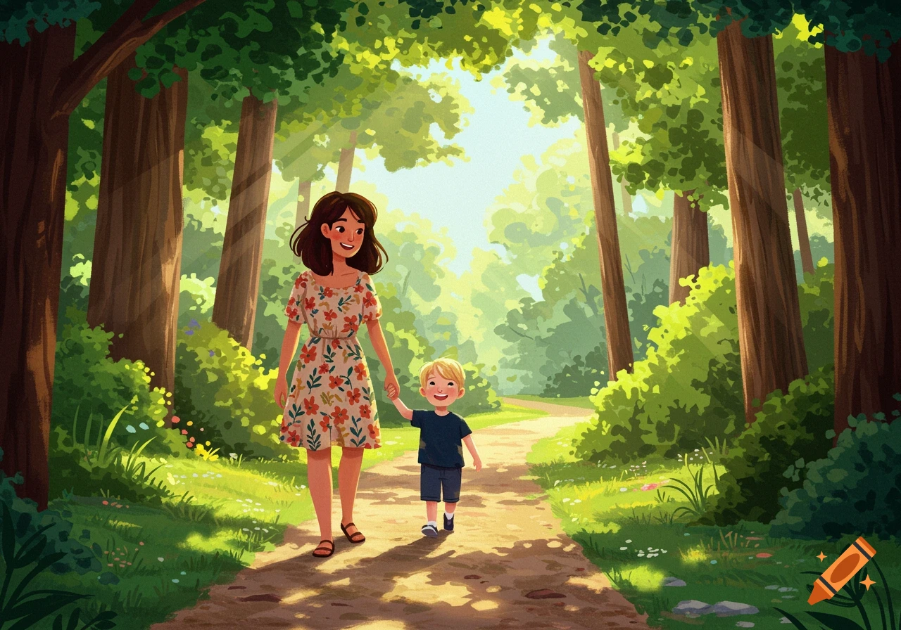 Illustration of a mother and child walking on a sunny forest path