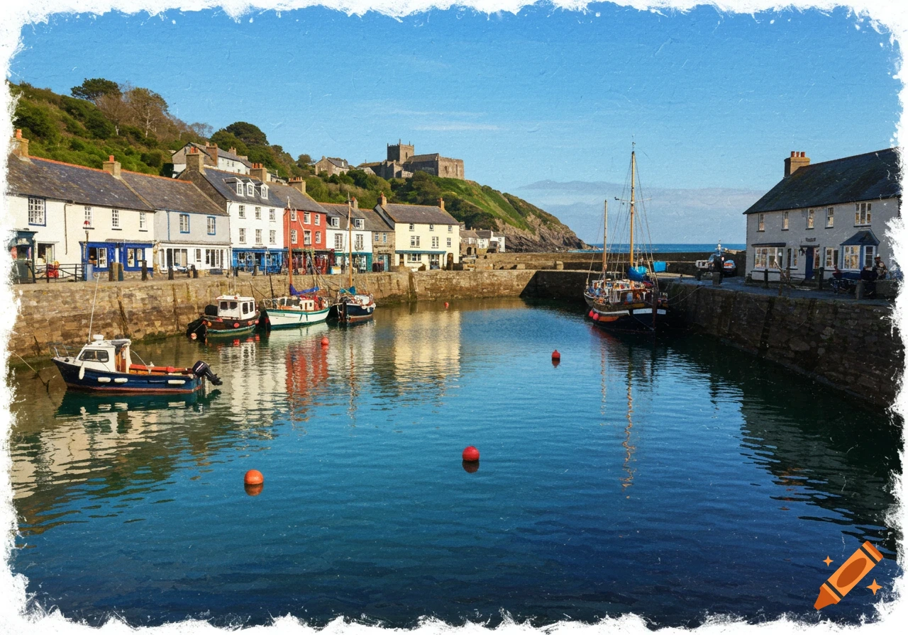 Painting of a harbor town with boats, buildings, and a castle on a hill.