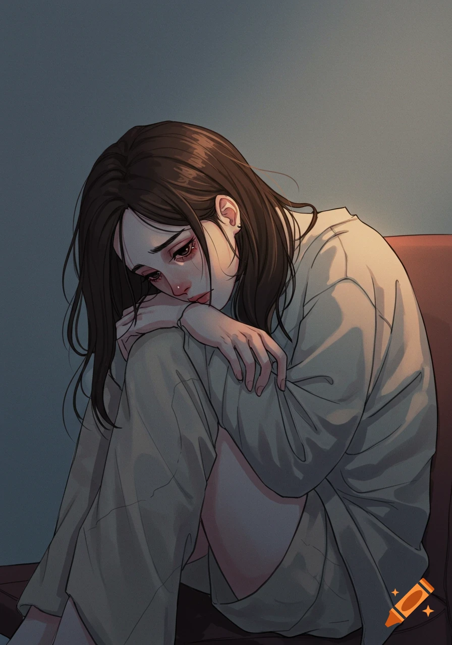 Drawing of a sad girl sitting with knees pulled up.