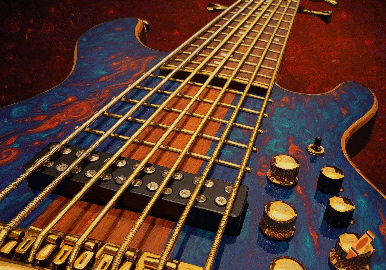 Close-up of a bass guitar with a blue and orange marbled finish, rendered in a painterly style.