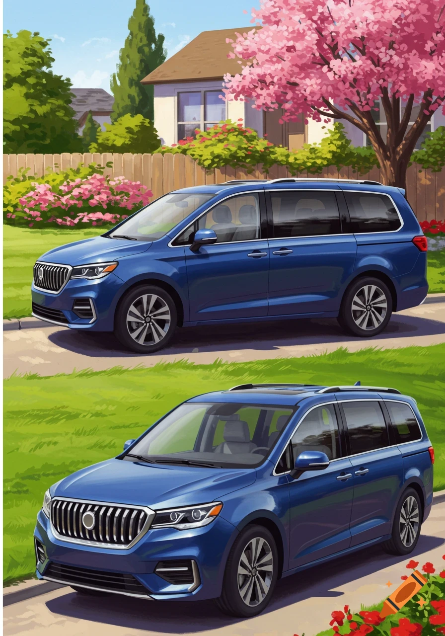 Illustration of a blue minivan parked in a suburban driveway with a house and trees in the background.