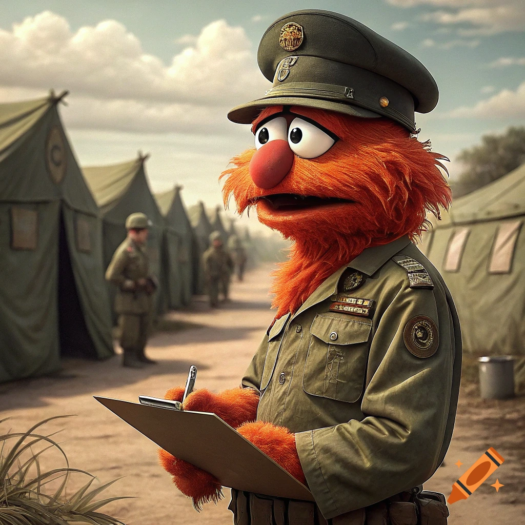 Elmo in military uniform with a cap stands in a tent camp, holding a clipboard and pen.