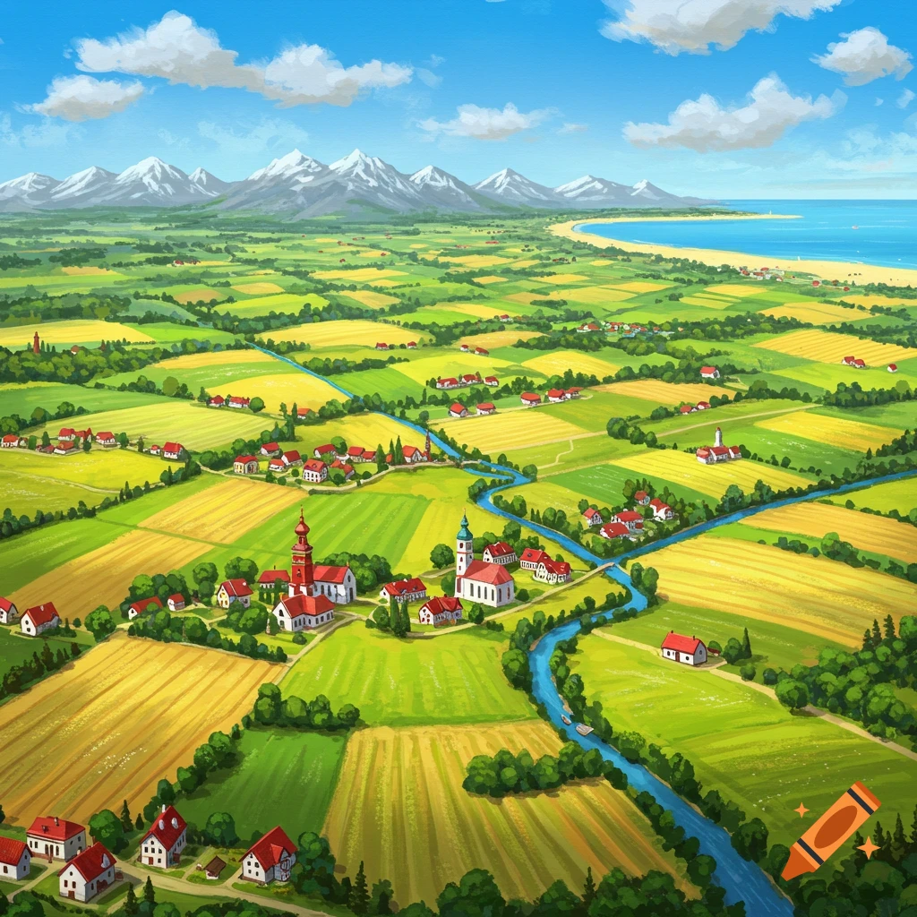 Aerial illustration of a village, fields, river, mountains, and coast under a blue sky.