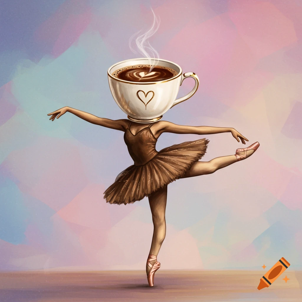 Ballerina with a coffee cup for a head dancing en pointe with arms outstretched.