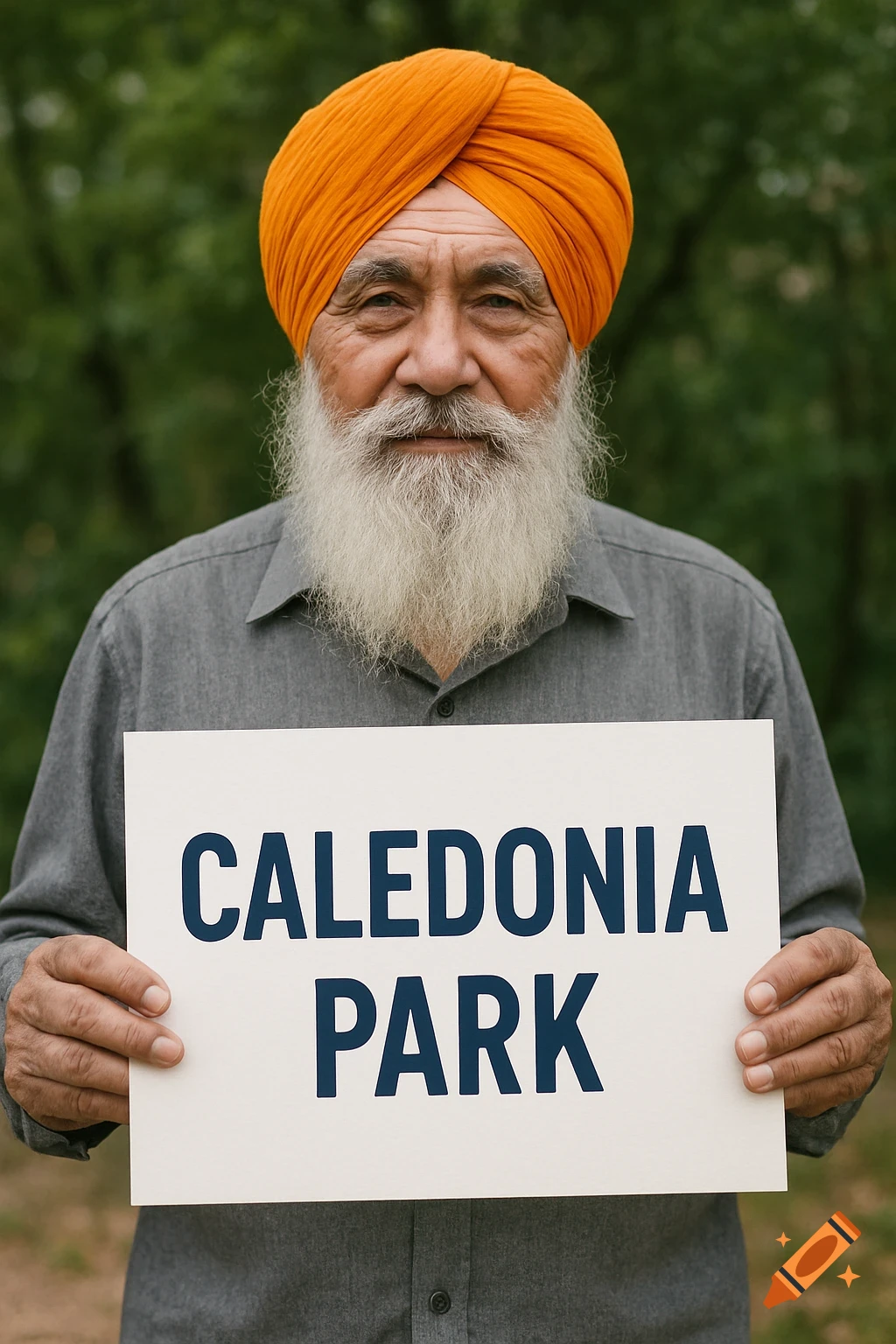 An old man wearing an orange turban holds up a sign that reads "CALEDONIA PARK".
