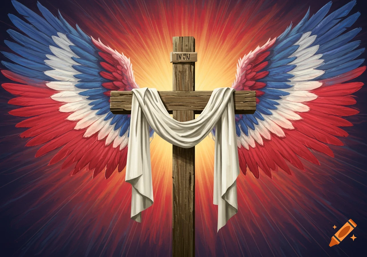 A wooden cross draped with white cloth stands before large red, white, and blue wings, against a radiant sunburst background.